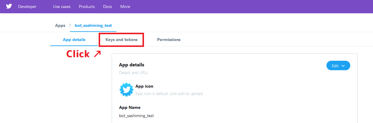 Key and tokensをクリック