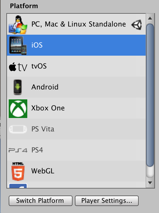 iOSにビルド設定を変える。iOSの横にUnityのロゴマークが出てきたらOK